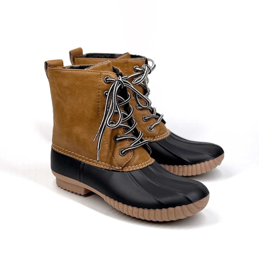 Report Upton Faux Leather Duck Boots Tan Black Size 6 Wool Blend Plaid Lace Up